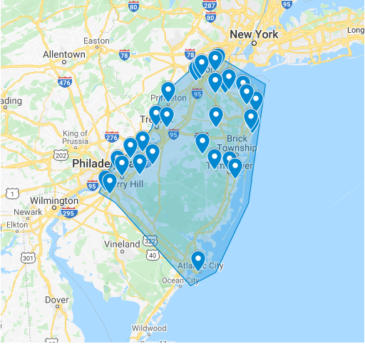 A map showing the New Jersey areas we offer property management