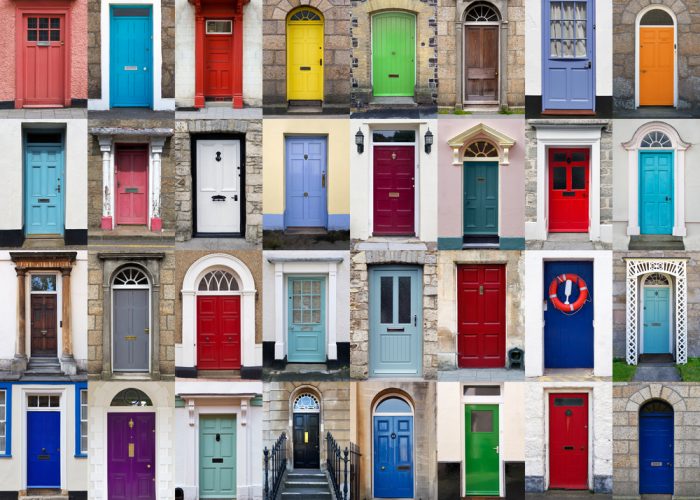 A,Photo,Collage,Of,32,Colourful,Front,Doors,To,Houses